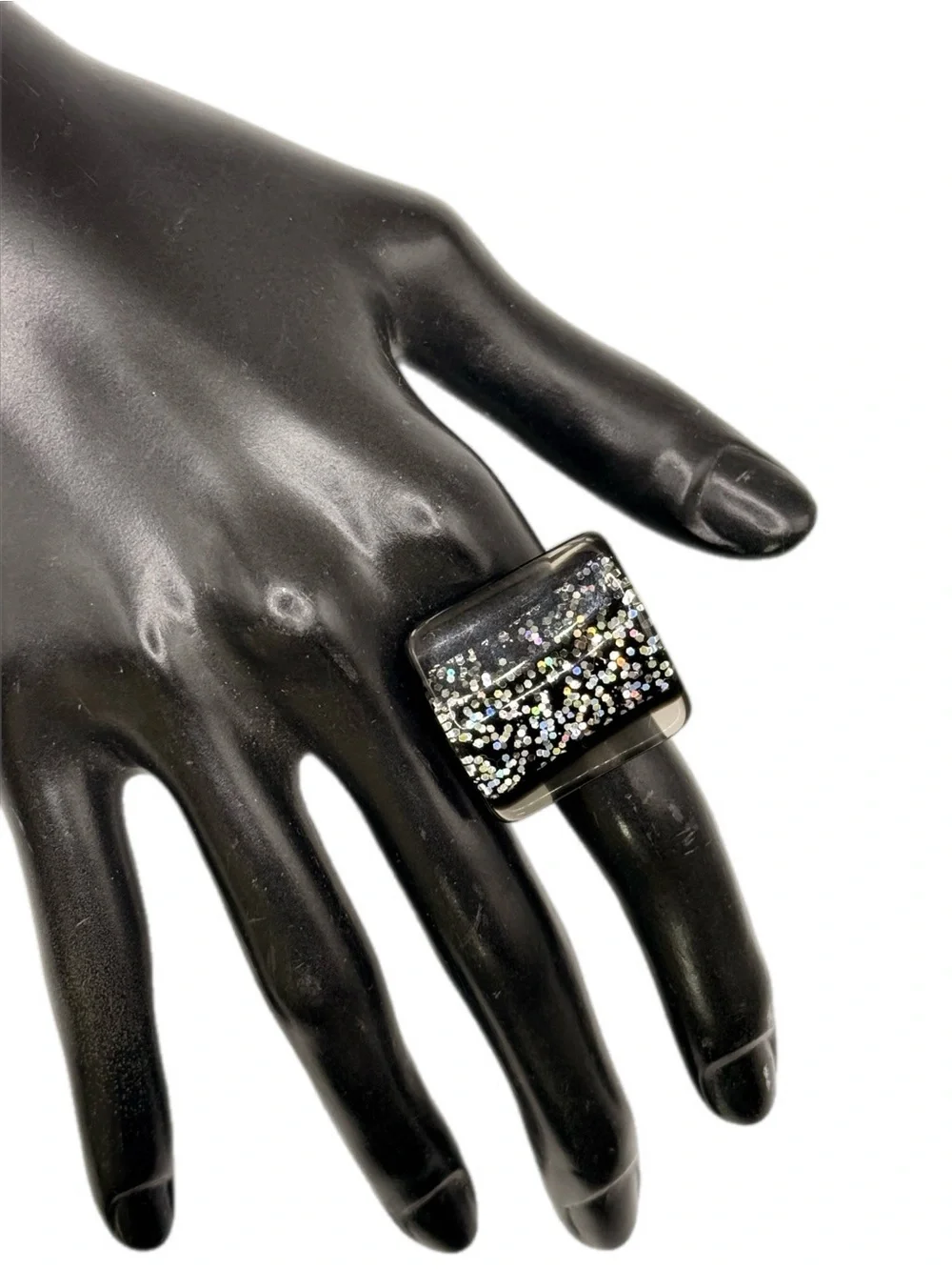 Black Acrylic Sparkle Glitter Square Statement Ring Adjustable